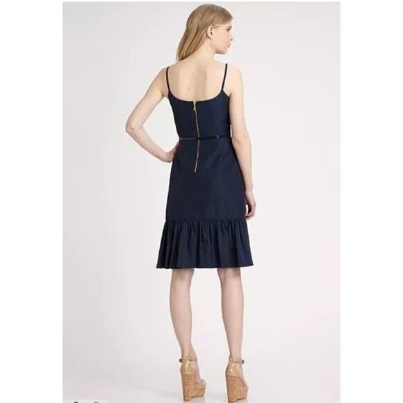Kate Spade Size 4 Talitha Navy Blue Ruffle Hem Dress Slim Bow Belt Sleeveless - Picture 4 of 15